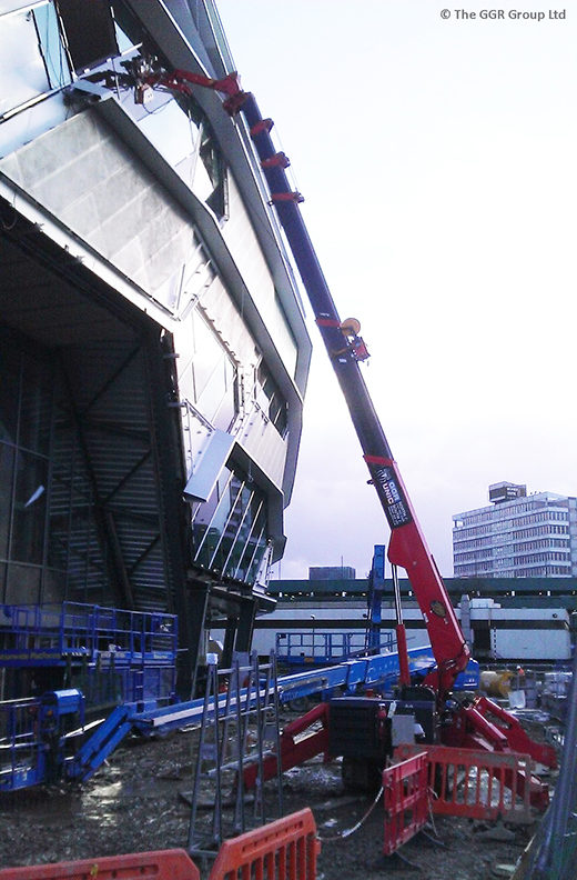 UNIC URW-706 mini crane glazing at Leeds arena