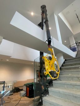 Mini Crane Glass Balustrade Installation on Confined Stairway