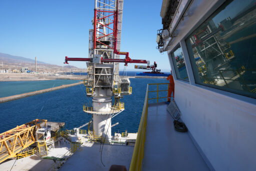GGR Group's Libro 1200 3D Head Overhang Beam installing glazing the Captain's Bridge of the Arendal Spirit Ship in Tenerife.