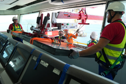 GGR Group's Libro 1200 3D Head Overhang Beam installing glazing the Captain's Bridge of the Arendal Spirit Ship in Tenerife.