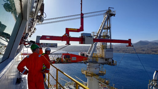 GGR Group's Libro 1200 3D Head Overhang Beam installing glazing the Captain's Bridge of the Arendal Spirit Ship in Tenerife.