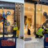 The MFC 750 Mini Floor Crane and GGR800+ Glass Vacuum Lifter lifting shopfront glazing at Heathrow Airport.