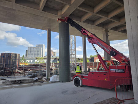 F200E Pick & Carry Crane Supports Precast Concrete Lifting Beneath Low Ceiling in Manchester